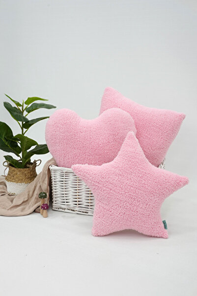 mordesign Set of 3, Teddy Fabric Soft Textured Decorative Pillow, Filled Gift Pillow (Square, Heart, Star)