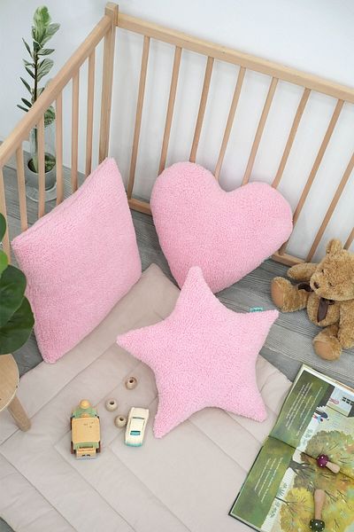 mordesign Set of 3, Teddy Fabric Soft Textured Decorative Pillow, Filled Gift Pillow (Square, Heart, Star)