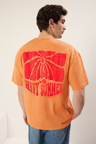 Trendyol Collection Μπλουζάκι Salmon Oversize/Wide Cut με στάμπα από 100% βαμβάκι