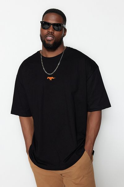 Trendyol Collection Large Size Black Oversize/Wide Cut 100% Cotton Dinosaur Embroidered T-Shirt Tmnss24Bf00013