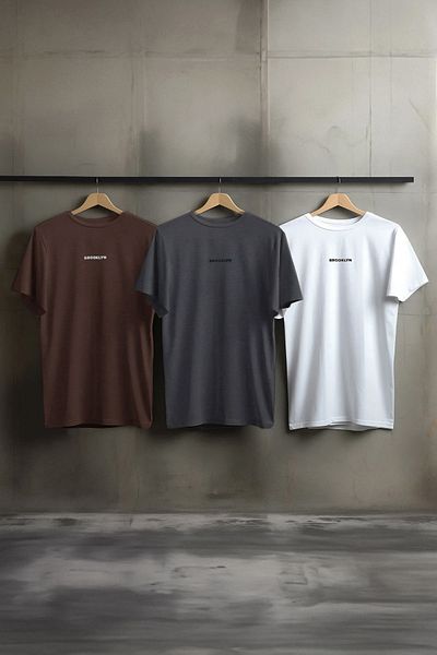 Trendyol Collection 3 Συσκευασία Λευκό-Ανθρακί-Σκούρο Καφέ Βαμβακερό μπλουζάκι με στάμπα κανονικής εφαρμογής - TMNSS25TS00074