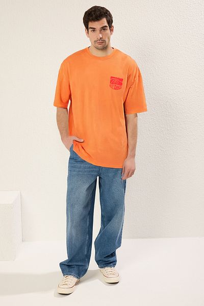 Trendyol Collection Μπλουζάκι Salmon Oversize/Wide Cut με στάμπα από 100% βαμβάκι