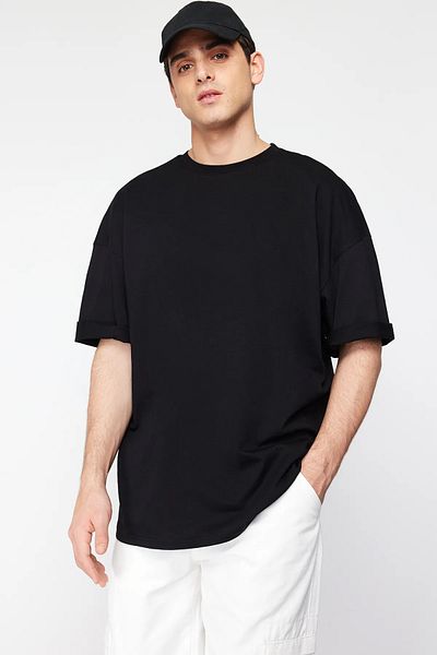 Trendyol Collection Endless εμπριμέ μαύρο υπερμεγέθη βαμβακερό μπλουζάκι - TMNSS25TS00137