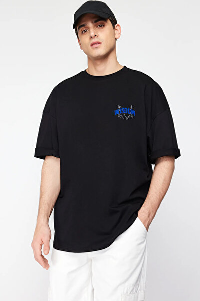 Trendyol Collection Black Oversize/Wide Fit Wizdom Back Printed 100% Cotton T-Shirt