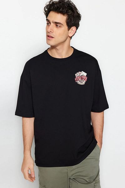 Trendyol Collection Μαύρο Oversize Βαμβακερό μπλουζάκι με στάμπα με πίσω πίσω