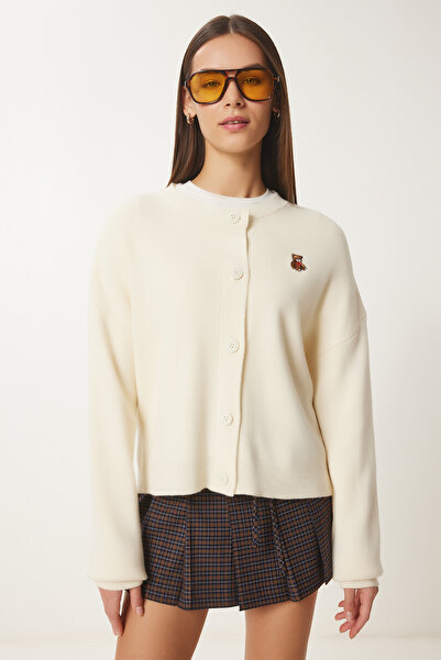 Happiness İstanbul Women's Bone Teddy Bear Embroidered Buttoned Seasonal Knitwear Cardigan Dp00229