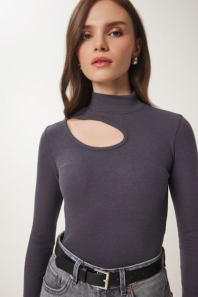 Happiness İstanbul Anthrazitweiße 2-teilige, detaillierte, gerippte Strickbluse mit Ausschnitten für Damen GT00235