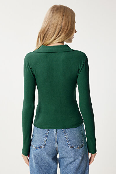 Happiness İstanbul Női narancssárga zöld 2 részes póló nyakú bordás kötött blúz GT00232