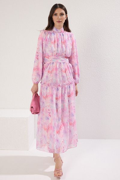 Trendyol Modest Fliederfarbenes Chiffon-Kleid mit gewebtem Blumendruck TCTSS25EB00063