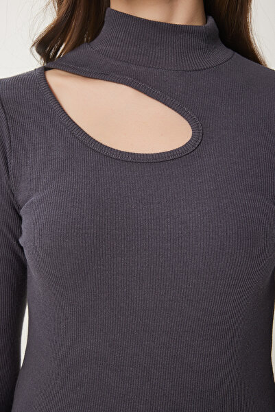 Happiness İstanbul Women's Anthracite White 2-Pack Cut Out Detailed Ribbed Knitted Blouse Gt00235