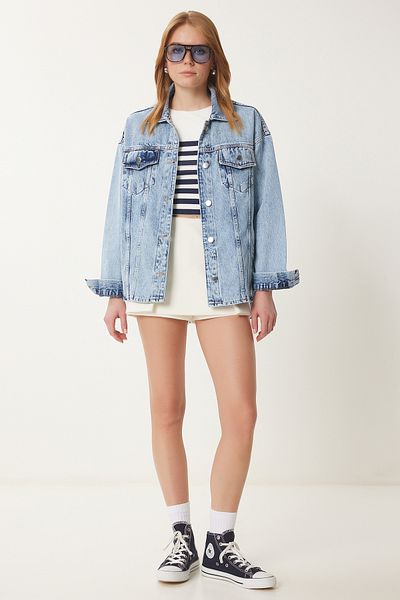 Happiness İstanbul Hellblaue Boyfriend-Jeansjacke für Damen – RI00008