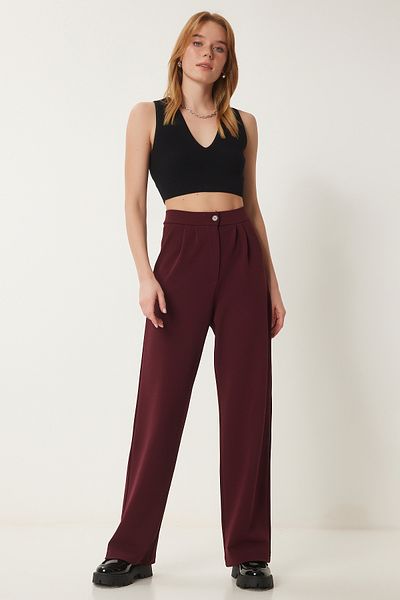 Happiness İstanbul Burgunderfarbene Damen-Palazzo-Hose aus Lycra – entspannte Passform RV00175