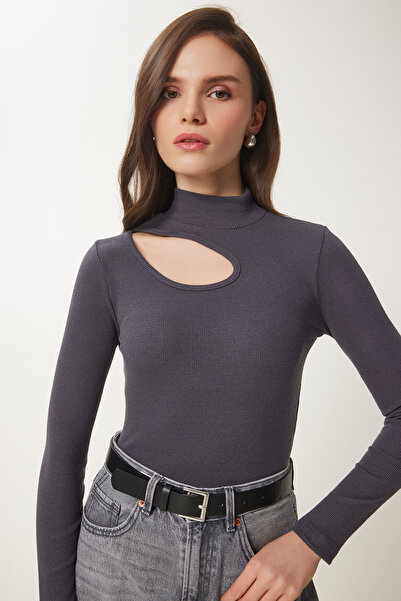 Happiness İstanbul Women's Anthracite White 2-Pack Cut Out Detailed Ribbed Knitted Blouse Gt00235