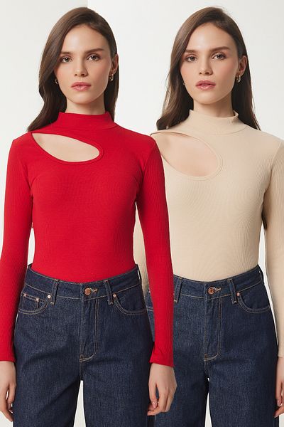 Happiness İstanbul Rote, cremefarbene, detaillierte, gerippte Strickbluse für Damen im 2er-Pack GT00235