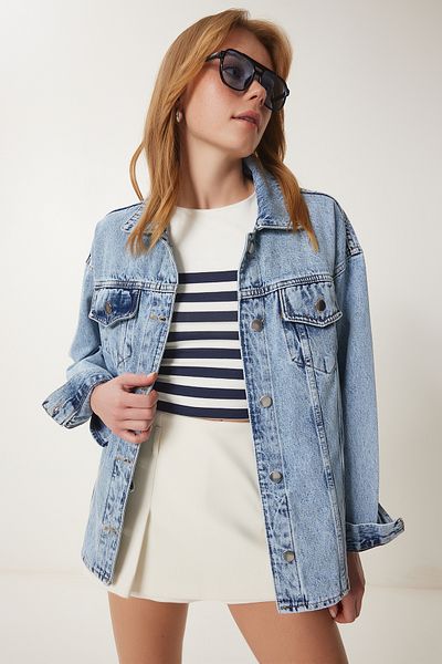 Happiness İstanbul Hellblaue Boyfriend-Jeansjacke für Damen – RI00008
