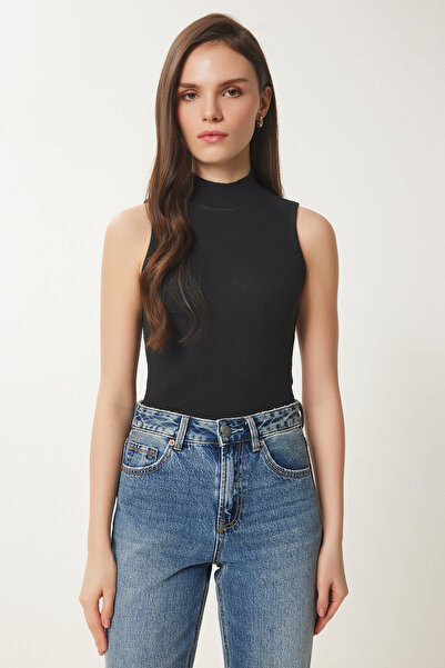 Happiness İstanbul Bluză neagră tricotată din bumbac cu gât tricotat pentru femei GT00004