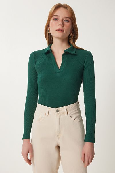 Happiness İstanbul Women's Green Red 2-Piece Polo Neck Ribbed Knitted Blouse Gt00232