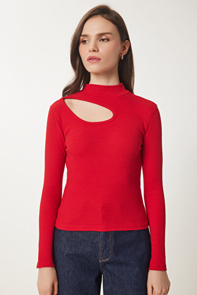 Happiness İstanbul Women's Red Cream 2-Pack Cut Out Detailed Ribbed Knitted Blouse Gt00235