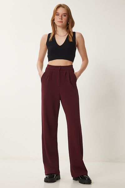 Happiness İstanbul Burgunderfarbene Damen-Palazzo-Hose aus Lycra – entspannte Passform RV00175