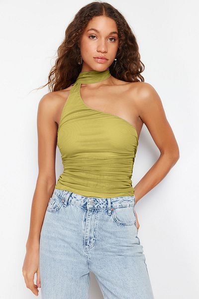Trendyol Collection Ölgrüne Neckholder-Strickbluse mit Kordelzugfutter, dehnbar, TWOSS24BZ00202