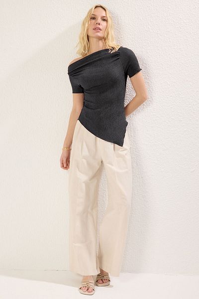 Trendyol Collection Anthracite Asymmetrical Draw/Drape Detail Body-Fitting Stretchy Knitted Blouse Twoss25Bz00272