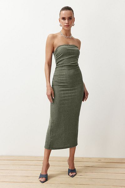 Trendyol Collection Stretchy Khaki Midi Pencil Dress - Strapless and Drawstring, Body-Fitting Twoss24El00287