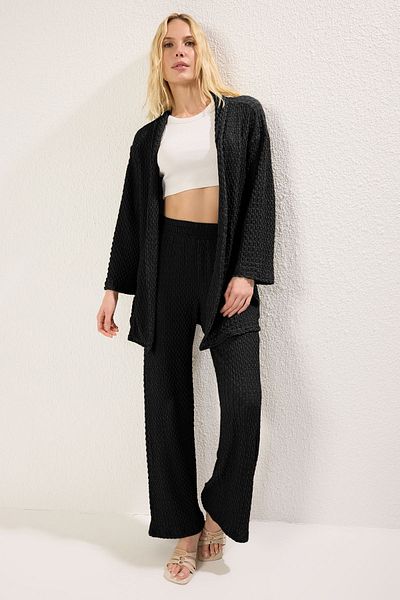 Trendyol Collection Wide Leg Black Knitted Set - Textured Wrap Twoss25Au00007