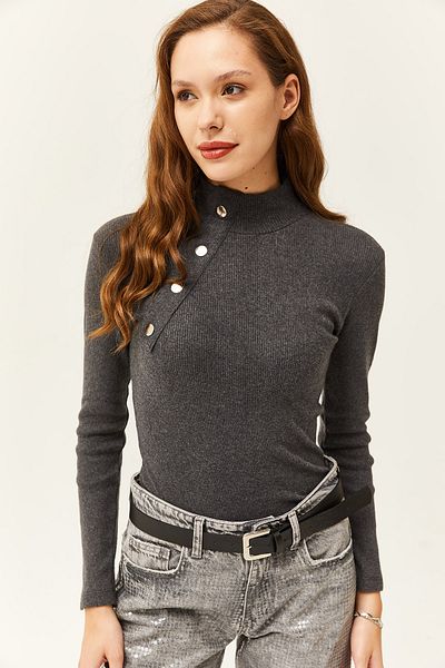Olalook Dámská antracitová blůza s knoflíky napůl rybářská lycra BLZ-19001608