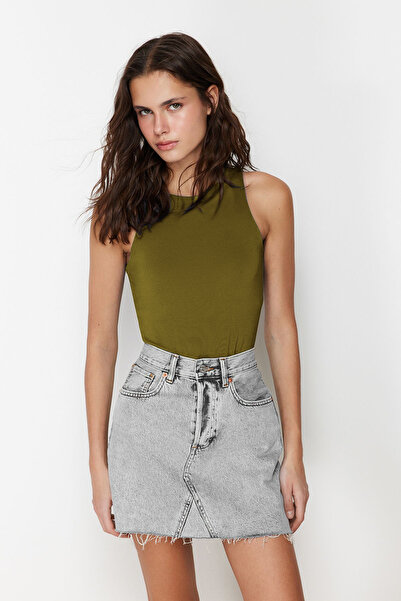 Trendyol Collection Fat Green Halter Neck Body Fitting Stretchy Snap Fastener Knitted Body Twoss20Bd0044