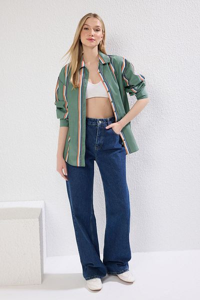 Trendyol Collection Koszula w paski z bawełny w kolorze khaki, oversize, szeroka, Twoss25Go00112