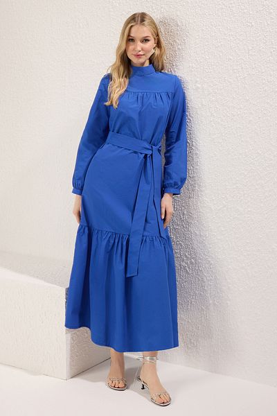 Trendyol Modest Saks Βαμβακερό υφαντό φόρεμα με ζώνη TCTSS25EB00090