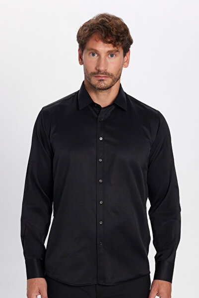 Tudors Modern Slim Fit Uzun Kollu Düz Erkek Siyah Gömlek