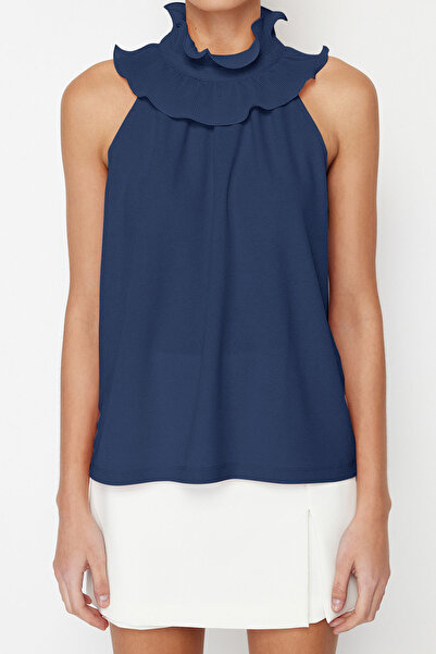 Trendyol Collection Indigo Collar Detailed Smart Regular Crepe Stretch Knitted Halenka TWOSS23BZ00932