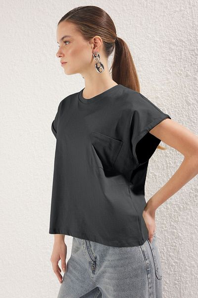 Trendyol Collection Comfortable Fit Anthracite Knitted T-Shirt - Pocket Detail, 100% Cotton Twoss25Ts00085