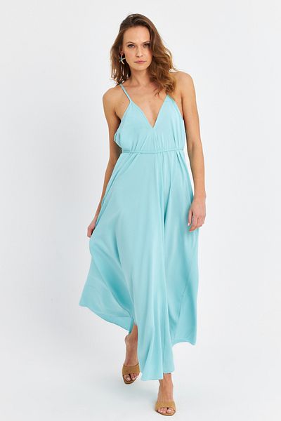 Cool & Sexy Women's Baby Blue Front Back V Pocket Casual Midi Dress Pc10758
