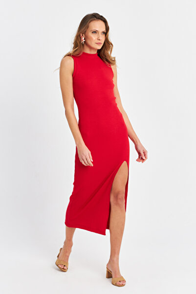 Cool & Sexy Kadın Kırmızı Sırtı Açık Kaşkorse Midi Elbise EY3064
