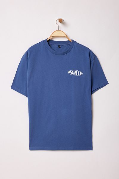 Trendyol Collection Indigo-T-Shirt aus 100 % Baumwolle, bedruckt, Premium-Oversize/Wide Fit, Rundhalsausschnitt, gestrickt, TWOSS23TS00040