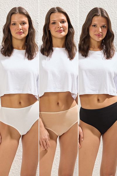 Trendyol Collection THMSS25KU00039 – 3-teiliges Single-Jersey-Slip-Höschen-Set mit Spitzendetail in Schwarz-Weiß-Haut