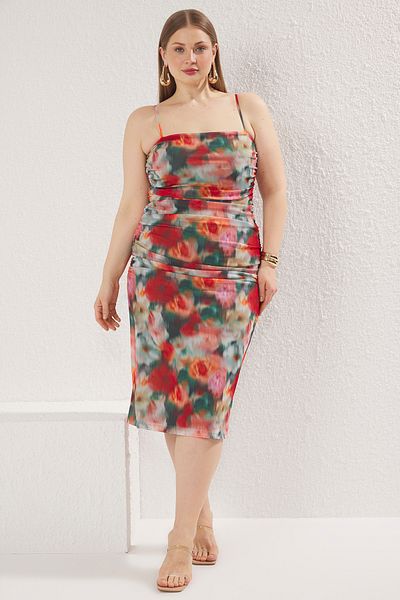 Trendyol Curve Pink Straps Bodysuit Knitted Tulle Plus Size Dress Tbbss25Ah00016