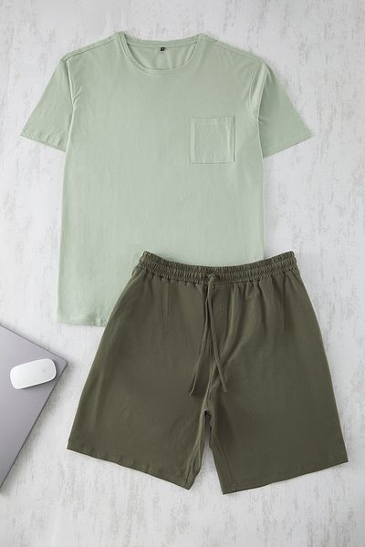 Trendyol Collection Plus Size Mint Khaki Pyjama-Set mit gestrickten Shorts – TMNSS25AI00007