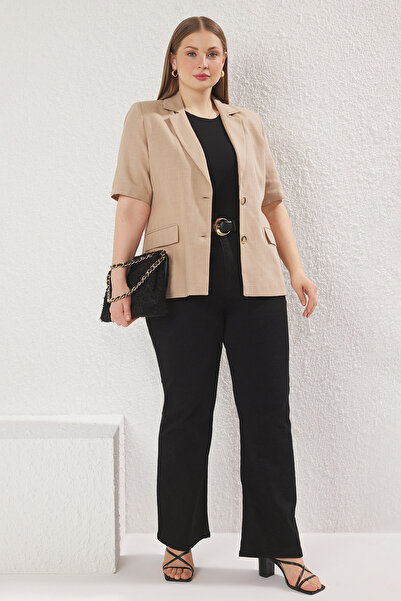 Trendyol Curve Бежевий льняно-бавовняний тканий жакет з коротким рукавом TBBSS25AG00011