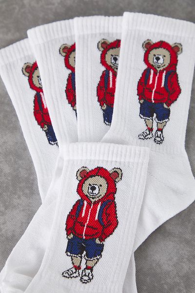 Trendyol Collection Unisex White Cotton Socks - College/Tennis/Medium with Teddy Bear, 5-Pack Tmnss25Co00015