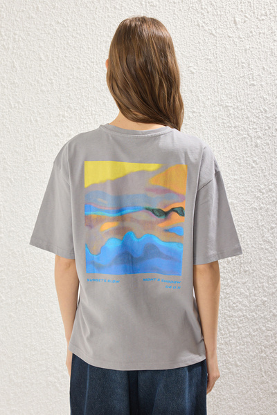 Trendyol Collection Γκρι Premium 100% βαμβακερό εμπριμέ Relaxed/Comfortable Fit πλεκτό T-shirt TWOSS24TS00172