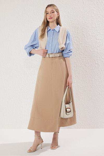 Trendyol Modest Υφαντή Φούστα - Camel TCTSS25EE00007