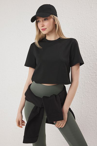Trendyol Collection Tricou tricotat sport crop cu detaliu la spate, negru, pentru scufundări/scuba THMSS25TS00006