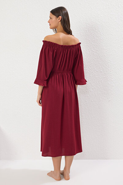 Trendyol Collection Burgundy Woven Ruffled Beach Midi Dress Tbess25El00122