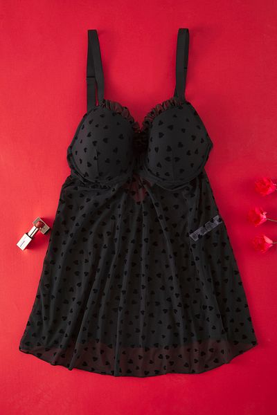 Trendyol Curve Black Strap Flocked Babydoll Plus Size, Black Covered Adjusta