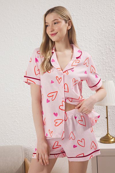 Trendyol Collection Pink 100% Cotton Heart Bias Shorts Knitted Pajamas Set Thmss25Pt00344