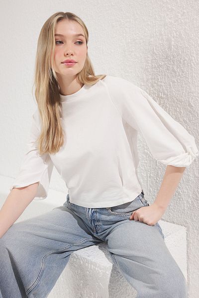 Trendyol Collection Ecru Sleeve Detail 100% Cotton Regular T-Shirt - Twoss25Ts00065