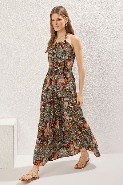 Trendyol Collection Braunes, gewebtes Maxikleid mit Blumenmuster TWOSS25EL00700